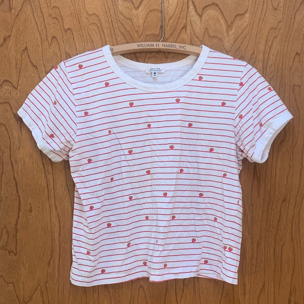 Strawberry Stripes Print Cropped Short Sleeve T-shirt Large